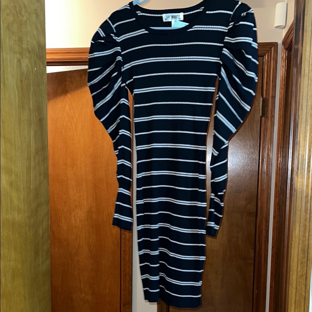 Say What? Black and White Striped Puff Sleeve Dress